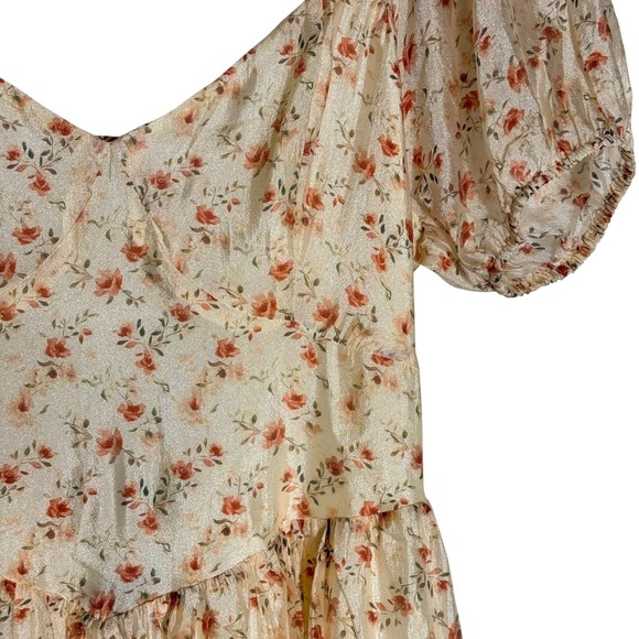 Lulus Floral Puff Sleeve Lace Up Back Midi Dress Womens M Ivory Cottagecore - Picture 16 of 16